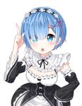  :o arm_up blue_eyes blue_hair breasts chinese_commentary cleavage commentary_request detached_sleeves dress eyes_visible_through_hair fanqie_jidan flower frilled_dress frills hair_flower hair_ornament hair_over_one_eye hair_ribbon highres index_finger_raised looking_at_viewer maid maid_headdress medium_breasts open_mouth partial_commentary re:zero_kara_hajimeru_isekai_seikatsu rem_(re:zero) ribbon short_hair simple_background solo white_background x_hair_ornament 