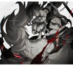  armor battle blood blood_on_face enemy_yari horns impaled japanese_armor japanese_clothes jikan_sokougun long_hair male_focus monochrome multiple_boys ojiko polearm pom_pom_(clothes) ponytail simple_background spear spot_color stabbed stabbing tonbokiri tonbokiri_(touken_ranbu) touken_ranbu twitter_username weapon white_background yari 