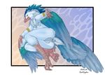  2012 anthro archaeopteryx avian beak blue_feathers blue_fur breasts butt chest_tuft digital_media_(artwork) dinosaur feathered_wings feathers female fur greyscale hi_res jewelry looking_at_viewer monochrome multicolored_feathers presenting presenting_hindquarters raptor redraptor16 scalie solo talons teryx theropod tuft wings yellow_sclera 