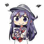  akatsuki_(kantai_collection) anchor_symbol closed_mouth commentary_request cover cover_page flat_cap hat kanikama kantai_collection light_smile long_hair lowres manga_(object) neckerchief purple_eyes purple_hair red_neckwear school_uniform serafuku simple_background solo white_background 