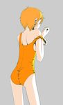  arm_up ass blonde_hair closed_eyes cowboy_shot flat_ass from_behind grey_background highres one-piece_swimsuit original school_swimsuit shokubai_phantom_girl short_hair simple_background solo standing strap_pull swimsuit undressing yellow_swimsuit 