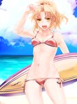  bad_id bad_pixiv_id beach bikini blonde_hair cloud day fate/apocrypha fate/grand_order fate_(series) hagiyoshi_(riron_jihen) mordred_(fate)_(all) mordred_(swimsuit_rider)_(fate) navel ocean open_mouth outdoors ponytail red_bikini red_scrunchie scrunchie side-tie_bikini sky solo surfboard swimsuit yellow_eyes 