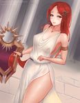 armlet bangle blush bracelet breasts brown_eyes column covered_nipples dutch_angle eliskalti eyeliner hair_ornament holding holding_hair jewelry large_breasts league_of_legends leona_(league_of_legends) light_smile long_hair looking_at_viewer makeup md5_mismatch necklace no_bra pendant pillar red_hair see-through shield side_slit sideboob signature sleeveless solo sweat thighs tunic very_long_hair watermark web_address 