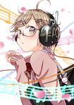 bag beamed_eighth_notes bow cherry_blossoms eighth_note glasses hair_ornament hairpin headphones keychain musical_note original quarter_note red-framed_eyewear short_hair solo staff_(music) sweater wadapen white_background 