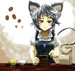  animal_ears apron bag basket black_apron blush coffee_beans coffee_grinder commentary_request cup futagojima grey_hair hair_ornament hairclip jewelry maid_apron mouse_ears mouse_tail mug nazrin paper_bag pendant puffy_short_sleeves puffy_sleeves red_eyes short_hair short_sleeves smile solo tail touhou upper_body 