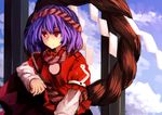  :/ akaiha_(akaihasugk) arm_garter closed_mouth commentary_request hair_ornament juliet_sleeves leaf_hair_ornament long_sleeves looking_away mirror onbashira puffy_sleeves purple_hair red_eyes rope shimenawa short_hair solo touhou upper_body yasaka_kanako 