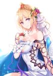  1girl aki663 arm_at_side bangs bare_shoulders blonde_hair blue_eyes blush breasts cleavage collarbone dress europa_(granblue_fantasy) eyebrows_visible_through_hair flower granblue_fantasy hair_between_eyes hair_flower hair_ornament hand_on_own_chest looking_at_viewer medium_breasts off_shoulder pink_lips short_hair sitting smile solo tiara veil white_dress 