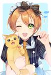  ;d apron black_eyes black_shirt blush bow cat claw_pose fish green_eyes hair_bow holding holding_cat hoshizora_rin love_live! love_live!_school_idol_project maid_headdress necktie one_eye_closed open_mouth orange_hair orange_neckwear puffy_short_sleeves puffy_sleeves shirt short_hair short_sleeves silhouette smile striped striped_bow striped_shirt tuuuh upper_body vertical-striped_shirt vertical_stripes waist_apron 
