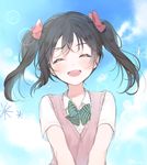  :d ^_^ bad_id bad_pixiv_id black_hair blazer blush bow cardigan closed_eyes cloud day green_bow hair_bow jacket lens_flare love_live! love_live!_school_idol_project marin_(myuy_3) open_mouth short_hair sky smile solo sweater_vest tears twintails yazawa_nico 