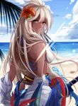  ahoge ass bare_shoulders beach bikini blurry breasts clothes_down cloud cloudy_sky dark_skin day depth_of_field flower from_behind granblue_fantasy hair_between_eyes hair_flower hair_ornament hair_over_one_eye halter_top halterneck hibiscus highres light_smile lips long_hair looking_at_viewer looking_back medium_breasts midriff ocean outdoors palm_leaf palm_tree red_eyes sand shirokuro_(shirokuro-1999) sky smile solo swimsuit tree undressing water white_bikini zooey_(granblue_fantasy) 