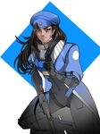  alternate_costume ana_(overwatch) beret black_gloves blue_coat brown_eyes brown_hair captain_amari coat cowboy_shot dark_skin eyepatch facial_mark facial_tattoo gloves hat highres index_finger_raised long_hair looking_at_viewer military military_hat military_uniform overcoat overwatch simple_background smile solo square tattoo uniform weapon white_background xiaozhan younger 