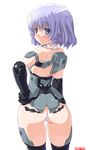  ass bangs bare_shoulders black_gloves black_legwear blush butt_crack cowboy_shot dd_(ijigendd) doll_joints elbow_gloves eyebrows eyebrows_visible_through_hair frame_arms_girl gloves hand_on_hip lavender_hair looking_at_viewer looking_back lowleg lowleg_panties materia_(frame_arms_girl) materia_kuro mecha_musume numbered panties purple_eyes robot_joints short_hair simple_background smile solo underwear white_background white_panties 