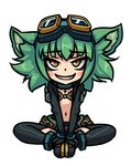  absurdres animal_ear_fluff animal_ears blush_stickers center_opening chibi goggles goggles_on_head green_hair gremlin_(monster_girl_encyclopedia) grin highres looking_at_viewer monorus monster_girl_encyclopedia short_hair simple_background sitting smile solo thighhighs v_arms white_background yellow_eyes 