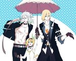  2boys arm_up black_choker blonde_hair blue_eyes brother_and_sister choker coat edna_(tales) eizen_(tales) gloves hair_ribbon hairband height_difference holding holding_umbrella jacket multiple_boys pants ribbon shared_umbrella short_hair siblings side_ponytail tales_of_(series) tales_of_berseria tales_of_zestiria umbrella zaveid_(tales) 
