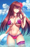  ball beachball bikini blush breasts cameltoe cloud cloudy_sky day fate/grand_order fate_(series) flower hair_flower hair_ornament hibiscus highres huge_breasts long_hair looking_at_viewer midriff navel purple_hair red_eyes scathach_(fate)_(all) scathach_(swimsuit_assassin)_(fate) sky solo swimsuit wading zukky 