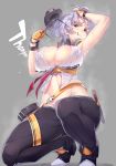  1girl breasts character_name cleavage denim dev girls_frontline gloves half_gloves hat hat_removed headphones headphones_around_neck headwear_removed highres jeans large_breasts lavender_hair looking_at_viewer magazine_(weapon) navel necktie pants red_eyes shirt short_hair solo sunglasses sweat thompson_submachine_gun_(girls_frontline) yellow_gloves 