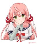  akashi_(kantai_collection) arm_support bangs blush breasts closed_mouth eyebrows eyebrows_visible_through_hair green_eyes hair_between_eyes hair_ribbon hand_on_own_cheek headband ica kantai_collection long_hair long_sleeves looking_at_viewer medium_breasts pink_hair puffy_short_sleeves puffy_sleeves red_ribbon ribbon school_uniform serafuku short_over_long_sleeves short_sleeves sidelocks simple_background smile solo tress_ribbon twitter_username upper_body white_background 