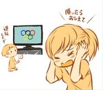  &gt;_&lt; 1girl 2016_summer_olympics bangs blonde_hair breasts closed_eyes commentary flag hands_on_own_head highres olympic_rings olympics open_mouth original otoufu ponytail seiza shirt short_hair sitting sketch small_breasts t-shirt television translated white_background 