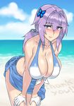  beach bent_over bikini blush breasts cleavage female_admiral_(kantai_collection) gloves large_breasts looking_at_viewer midriff mizuumi_(bb) ocean original ponytail purple_eyes purple_hair sarong short_hair solo swimsuit white_gloves 