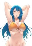  arms_behind_head arms_up bikini_top blue_hair breasts cleavage eyebrows front-tie_top large_breasts long_hair md5_mismatch open_mouth red_eyes solo sugarbeat upper_body white_background 