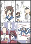  1girl 4koma admiral_(kantai_collection) brown_hair comic commentary_request faceless faceless_male fubuki_(kantai_collection) green_eyes hat hoso_miyuki kantai_collection long_hair military military_hat military_uniform movie_theater open_mouth ponytail salute school_uniform serafuku speech_bubble the_ring translation_request tray uniform watching 