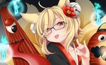  ahoge animal_ears bell bespectacled blonde_hair blush candle chouchin_obake closed_umbrella flower fox_ears fox_tail glasses hair_bell hair_flower hair_ornament hand_gesture highres hitodama inari_(sennen_sensou_aigis) karakasa_obake looking_at_viewer multiple_tails ogami_kazuki one-eyed sennen_sensou_aigis short_hair tail tongue tongue_out umbrella upper_body 