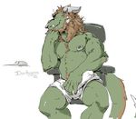  2016 anthro bulge chair clothed clothing computer_mouse darkgem dragon erection hair horn male muscular muscular_male penis_outline reptile scalie simple_background sitting smile solo teeth topless underwear 