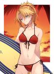  beach bikini blonde_hair breasts citron_82 fate/apocrypha fate/grand_order fate_(series) green_eyes looking_at_viewer medium_breasts mordred_(fate)_(all) mordred_(swimsuit_rider)_(fate) navel ocean ponytail red_bikini smile solo sunset surfboard swimsuit 