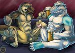  2016 abs alcohol anthro balls beer beverage claws crocodile crocodilian dinosaur drinking duo erection frottage jaken_wolfy lizard male male/male muscular muscular_male nipples nude paws penis reptile rubbing scalie sex simple_background sitting smile spread_legs spreading teeth 