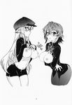  absurdres blush bow breasts breasts_outside cleavage glasses greyscale hat heart highres kusanagi_tonbo large_breasts long_hair long_sleeves looking_at_viewer monochrome multiple_girls navel neck_ribbon necktie nipples original pantyhose ribbon shirt_lift short_hair short_shorts shorts simple_background white_background 