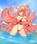  animal_ears bare_shoulders bikini breasts claws day fox_ears fox_tail grin highres jing_li large_breasts long_hair looking_at_viewer lotion lotion_bottle mon-musu_quest! monster_girl multiple_tails one_eye_closed paws ponytail red_bikini red_hair sharp_teeth sky smile solo suggestive_fluid swimsuit tail teeth very_long_hair wading water whisker_markings yao_(mon-musu_quest!) 