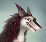  akineza black_fur black_hair black_lips ear_piercing fur hair piercing red_eyes red_hair sergal simple_background smile solo teeth white_fur 