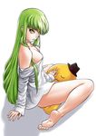  barefoot bleachist breasts c.c. cheese-kun cleavage code_geass green_hair grinding highres long_hair shirt solo t-shirt white_background yellow_eyes 