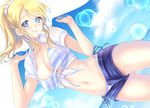  :p ayase_eli bad_id bad_pixiv_id bikini blonde_hair blue_eyes blush breasts cleavage crop_top front-tie_top gorua_(youce01) groin high_ponytail large_breasts long_hair looking_at_viewer love_live! love_live!_school_idol_project navel open_fly shirt short_shorts shorts side-tie_bikini solo striped striped_bikini swimsuit thighs tied_shirt tongue tongue_out 