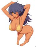  ;o arched_back arms_up barefoot bent_over bikini black_hair blush breasts chinatsu_(kuroonehalf) cleavage dark_skin detached_sleeves from_above hand_in_hair kuroonehalf large_breasts long_hair looking_at_viewer navel one_eye_closed open_mouth original signature simple_background solo sweat swimsuit v-shaped_eyebrows white_background yellow_bikini yellow_eyes 