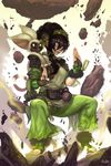  avatar:_the_last_airbender avatar_(series) barefoot black_hair feet fighting_stance fingerless_gloves floating gloves hector_enrique_sevilla_lujan highres lemur levitation momo_(avatar) rock solo toeless_legwear toes toph_bei_fong 