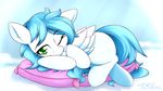  blue_hair dshou equine eyelashes feathered_wings feathers female feral fur green_eyes hair hooves looking_at_viewer lying mammal one_eye_closed pegasus pillow simple_background solo white_feathers white_fur wings 