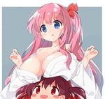  :d areola_slip areolae bangs bare_shoulders blue_eyes blush bow breast_rest breasts breasts_on_head brown_hair cleavage collarbone cosplay eyebrows eyebrows_visible_through_hair hair_bow haramura_nodoka japanese_clothes large_breasts long_hair looking_down looking_up miko multiple_girls numenume_(powa-ogutyogutyo) off_shoulder open_mouth pink_hair red_bow red_eyes saki short_hair short_twintails simple_background smile tan twintails upper_body usuzumi_hatsumi usuzumi_hatsumi_(cosplay) 