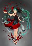  alternate_costume armpits bare_arms bare_shoulders black_shirt bow closed_mouth dress eyebrows eyebrows_visible_through_hair full_body green_eyes green_hair grey_background hair_bow hair_ribbon hatsune_miku lens_flare long_hair looking_at_viewer nail_polish no_legwear no_socks petals plastick red_dress red_nails red_ribbon red_skirt ribbon rose_petals shirt simple_background skirt sleeveless sleeveless_shirt smile solo striped striped_bow tareme toenail_polish very_long_hair vocaloid wristband 