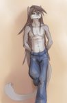  akineza anthro clothed clothing eyebrows eyelashes feline fur green_eyes grey_fur grey_hair hair leaning long_hair male mammal navel pants sketch solo standing topless 