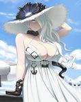  anchor beach_umbrella belt blue_eyes bottle breasts choker cleavage cloud day dress gloves glowing glowing_eye hair_over_one_eye hat highres huge_breasts kantai_collection long_hair lvl_(sentrythe2310) pale_skin seaport_summer_hime shinkaisei-kan sky solo straw_hat sun_hat sundress umbrella upper_body water_bottle white_hair 