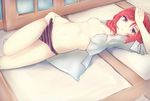  breasts cai_yuan hand_to_forehead highres hips love_live! love_live!_school_idol_project lying navel nishikino_maki on_back open_clothes open_shirt panties purple_eyes red_hair shirt short_hair sketch small_breasts solo striped striped_panties thighs underwear 