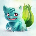  artist_name bulbasaur claws eric_proctor fangs full_body gen_1_pokemon gradient gradient_background looking_at_viewer no_humans open_mouth pokemon pokemon_(creature) red_eyes signature smile teeth 