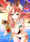  animal_ears annojou_haruto bikini blue_bikini breasts cleavage fate/extra fate/grand_order fate_(series) food fox_ears groin highres ice jewelry large_breasts necklace open_mouth pink_hair solo swimsuit tamamo_(fate)_(all) tamamo_no_mae_(fate) tamamo_no_mae_(swimsuit_lancer)_(fate) yellow_eyes 