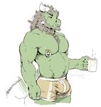 2016 anthro beverage bulge clothing coffee cup darkgem dragon hair horn male musclegut muscular muscular_male nipple_piercing nipples pecs piercing reptile scalie simple_background solo standing underwear 