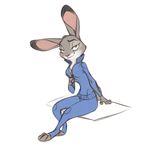  akineza anthro clothed clothing disney female fur grey_fur judy_hopps lagomorph looking_at_viewer mammal rabbit simple_background sitting smile solo white_background wide_hips zootopia 