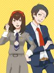  1girl adachi_tooru black_hair brown_eyes brown_hair crossover formal hair_ribbon mole necktie persona persona_1 persona_4 ribbon school_uniform short_hair smile sonomura_maki suit 