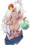  absurdres ahoge bad_id bad_pixiv_id bangs bent_over bikini blue_skirt breasts cleavage collarbone condensation covered_nipples cup dark_skin drink drinking_straw flower front-tie_bikini front-tie_top giving granblue_fantasy hair_between_eyes hair_flower hair_ornament hand_on_own_chest hibiscus highres holding holding_cup ice long_hair long_sleeves looking_at_viewer looking_up medium_breasts miniskirt open_clothes open_mouth open_shirt orange_eyes partially_undressed pleated_skirt raichi_(yuriya003) shirt simple_background skirt solo swimsuit thigh_gap white_background white_bikini white_hair white_shirt zooey_(granblue_fantasy) 