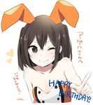  alternate_costume animal_ears artist_name bangs bare_arms bare_shoulders black_eyes black_hair blush bunny_ears collarbone commentary_request double-breasted eyebrows eyebrows_visible_through_hair hair_between_eyes happy_birthday heart ica index_finger_raised kantai_collection looking_at_viewer one_eye_closed remodel_(kantai_collection) sendai_(kantai_collection) simple_background smile solo strapless translated two_side_up upper_body white_background 