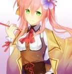  bad_id bad_pixiv_id cape corset flower flower_knight_girl gradient gradient_background green_eyes hair_flower hair_ornament holding holding_pipe knenj long_hair looking_at_viewer necktie pink_hair pipe ponytail purple_background red_neckwear saffron_(flower_knight_girl) smile solo upper_body white_background 